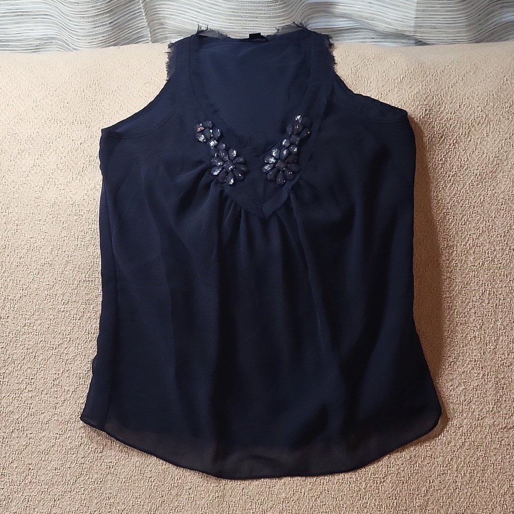 Banana Republic Navy Blue Jeweled Embellished Flowy Blouse Top Size XS